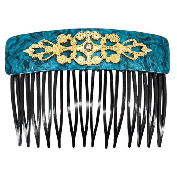 Vintage 30s–50s French Hair Comb Teal Marbled Acetate Applied Filigree - Picture 1 of 7